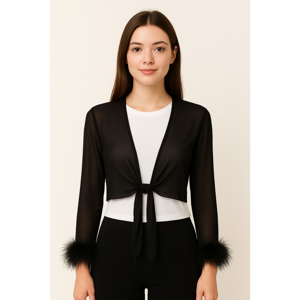 Black Sheer Tie Front Cardigan Jacket Cropped Real Feather Cuffs Tie Front sz s - Picture 7 of 16